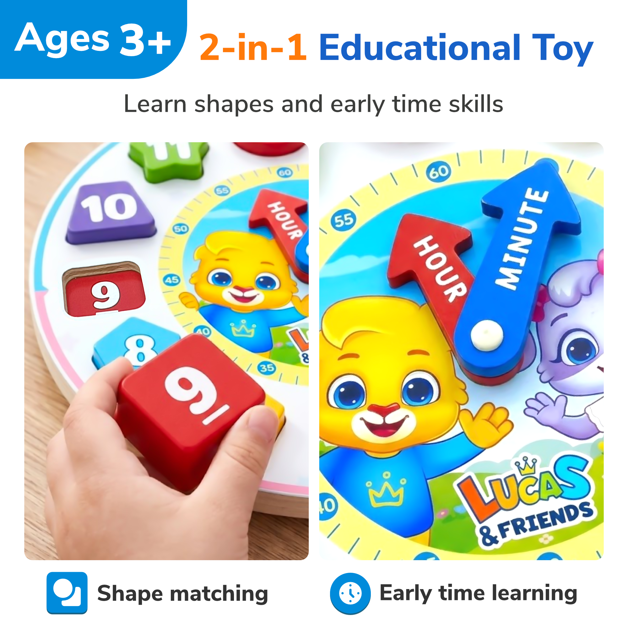 Wooden Learning Clock Puzzle for Toddlers | Lucas & Friends