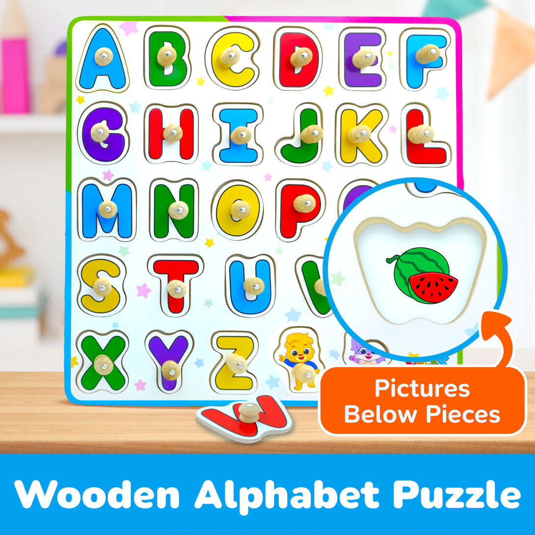 ABC learning wooden Montessori toy for kids, educational puzzle.