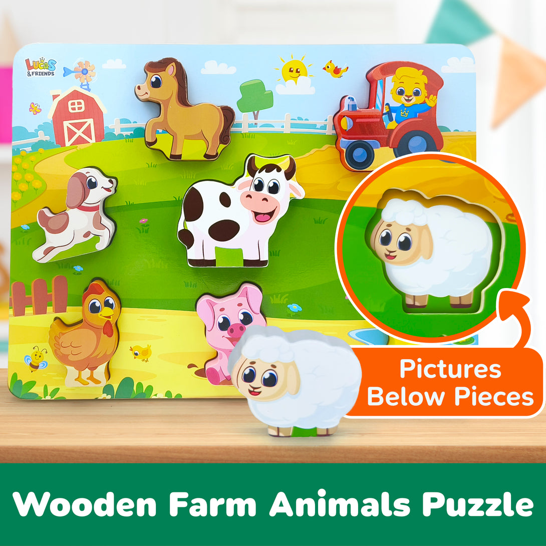 Jumbo wooden animal puzzles for toddlers by Lucas and Friends, Montessori learning toys.