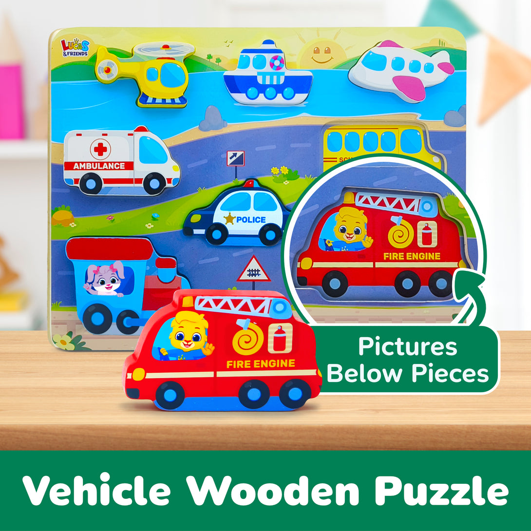 Wooden vehicle puzzles, educational learning toys for children by Lucas & Friends.