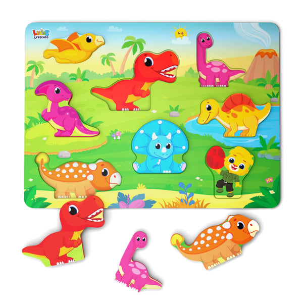 Dinosaur puzzle wooden Montessori toy, educational fun for kids.