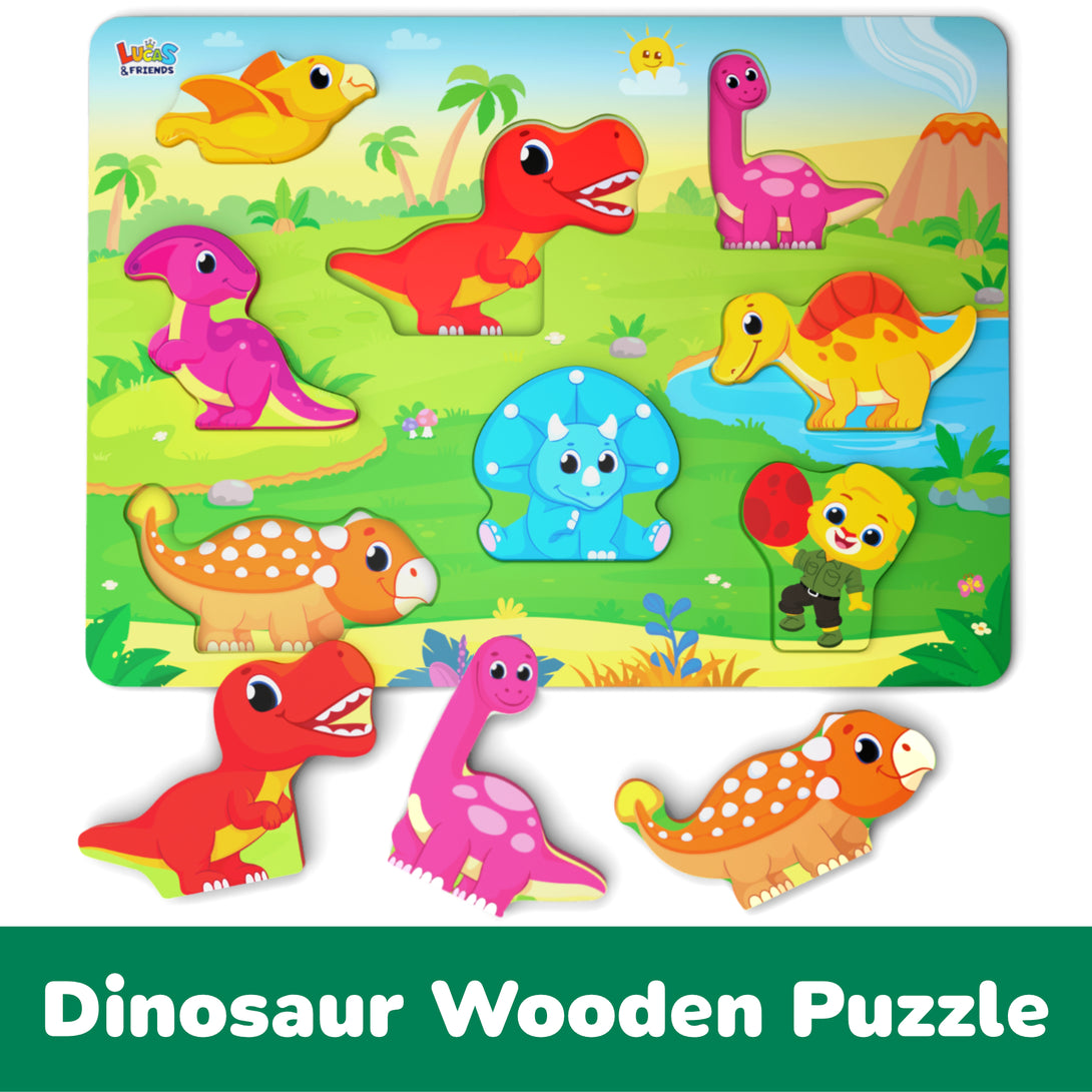 Chunky dinosaur wooden puzzle toys, designed for easy handling by toddlers.