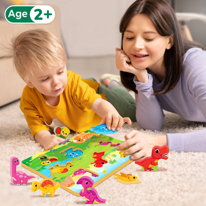 Jumbo dinosaur wooden puzzle toy by Lucas & Friends, perfect for young learners.