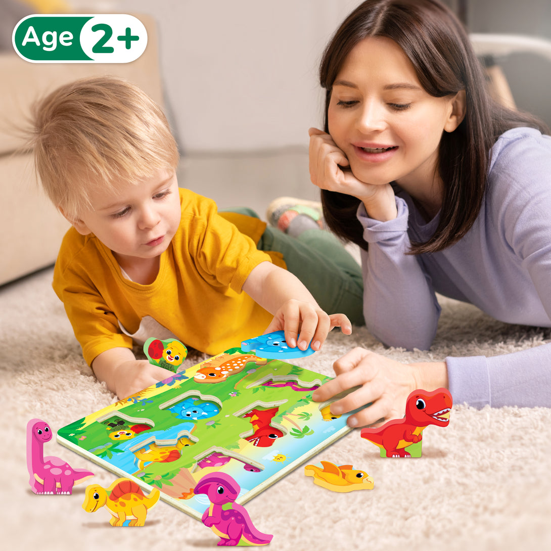 Jumbo dinosaur wooden puzzle toy by Lucas & Friends, perfect for young learners.