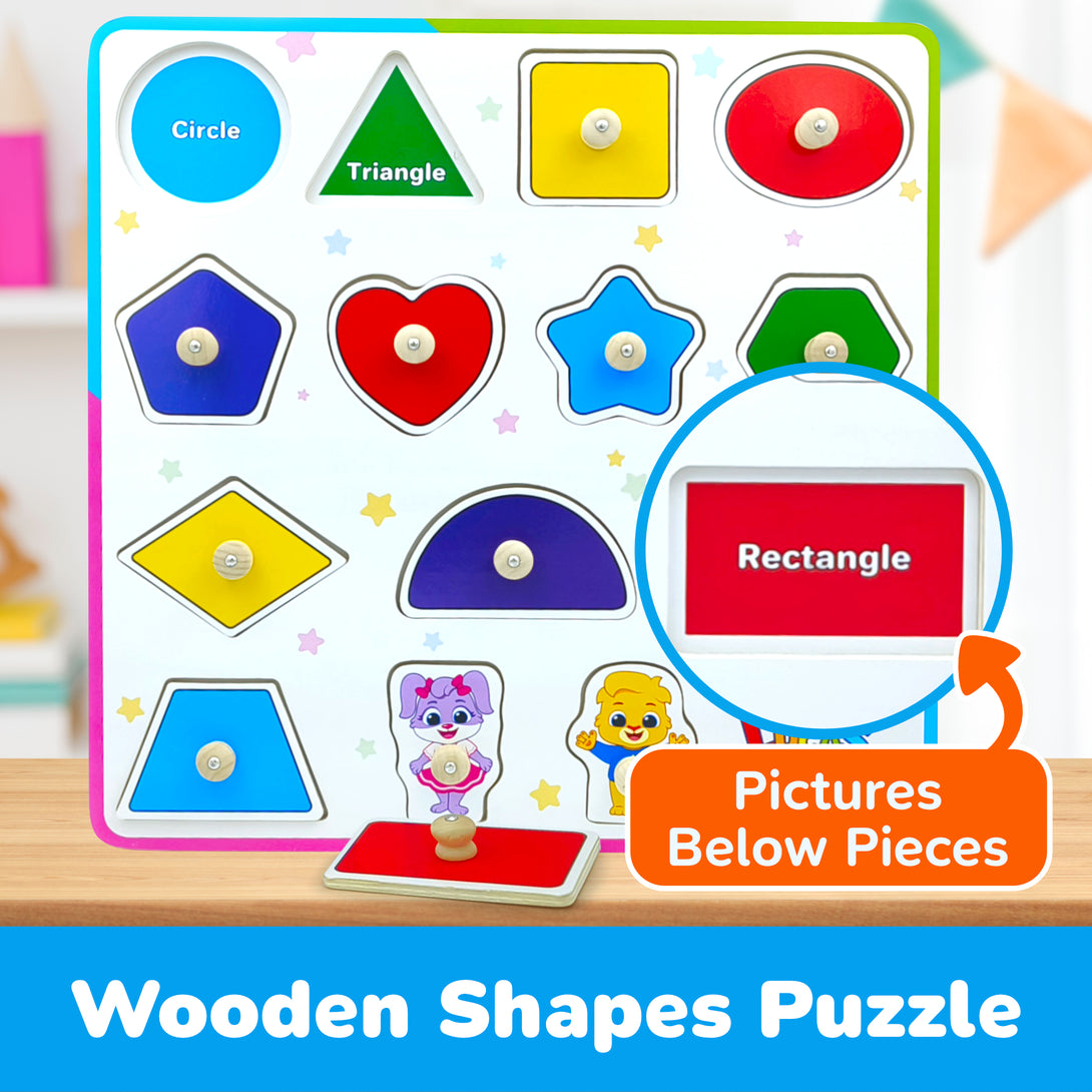 Educational wooden shapes toy for toddlers, learning peg puzzles for kids by Lucas & Friends.