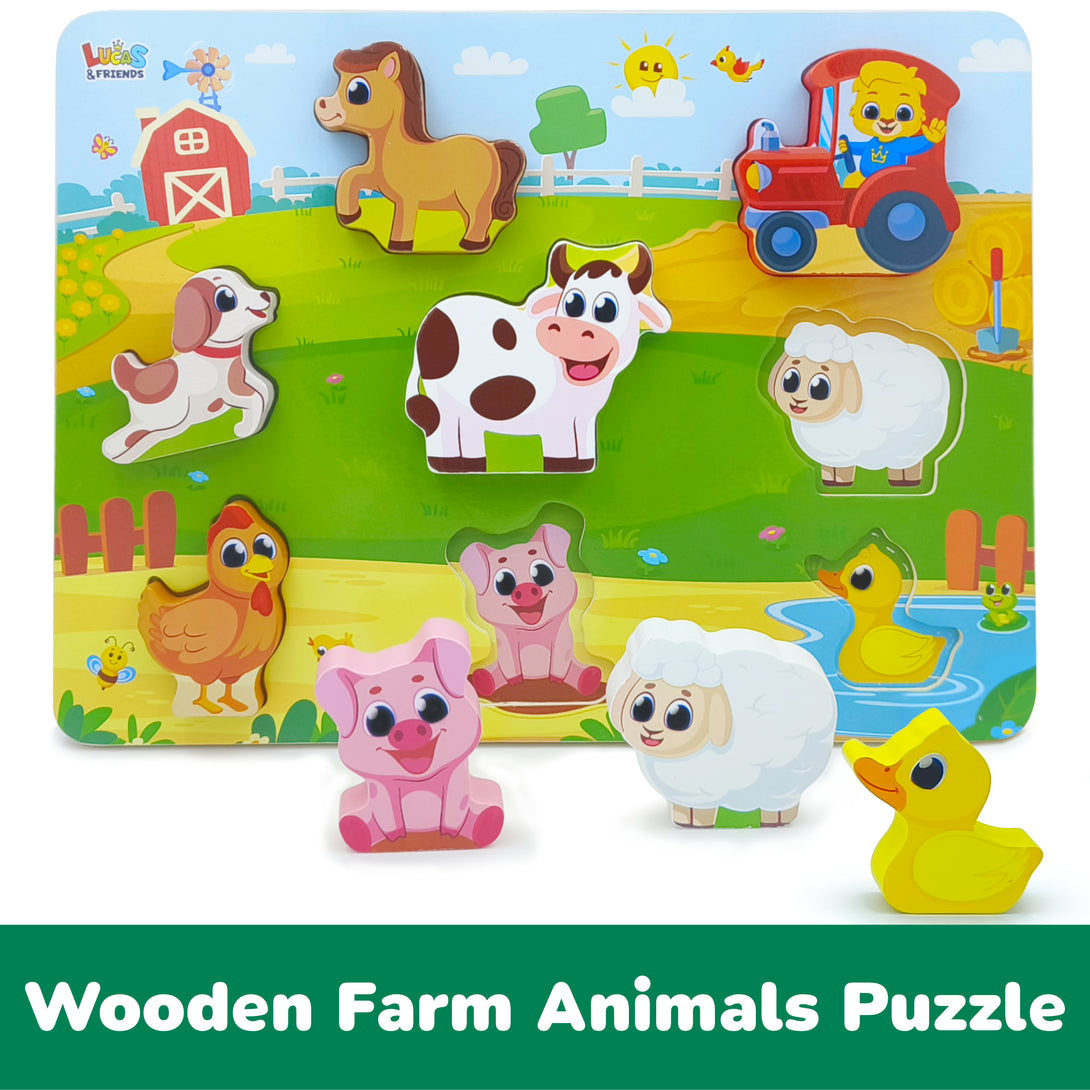 Chunky farm animals puzzles for toddlers by Lucas & Friends, wooden educational toys for kids.