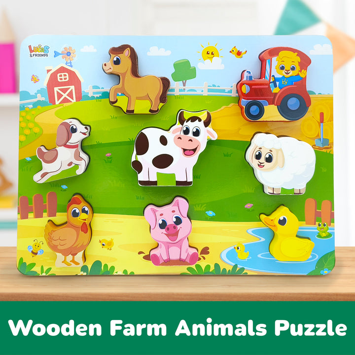 Chunky farm animals wooden Montessori toys for babies by Lucas & Friends, the best gifts for kids.