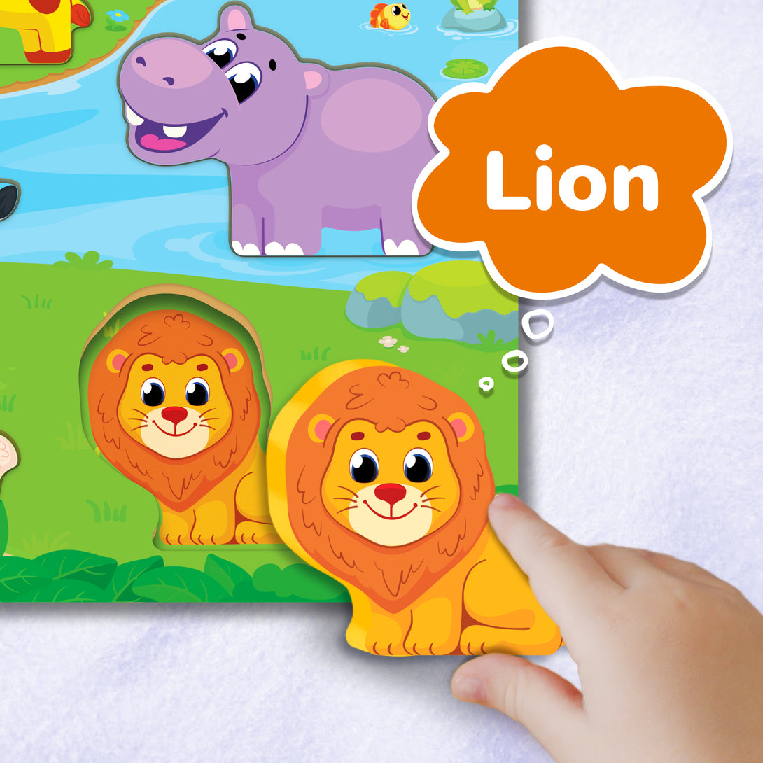 Safari animals chunky wooden puzzle for toddlers, fun learning toy.