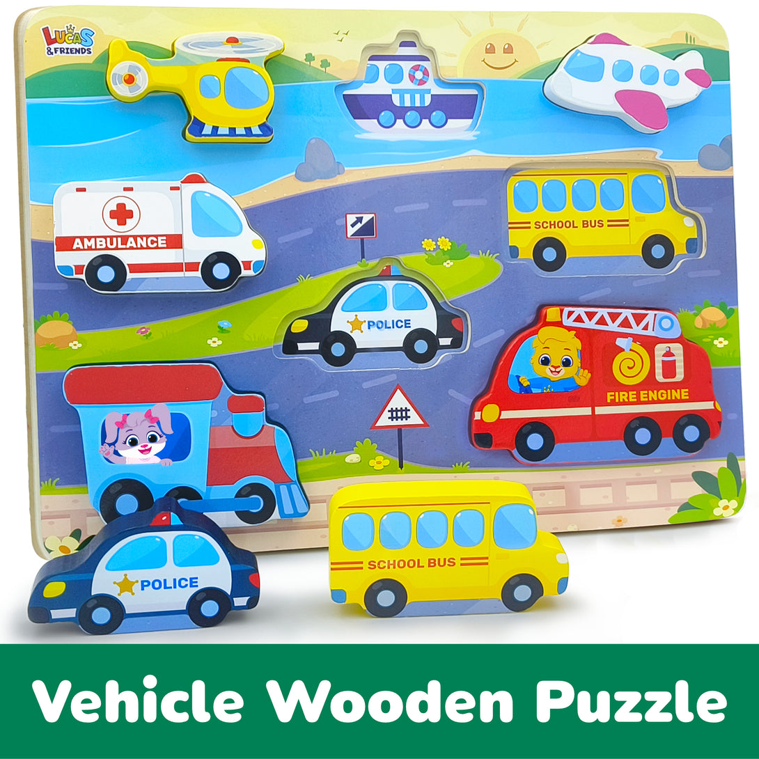 Chunky vehicle wooden puzzle by Lucas & Friends, Montessori learning toys.