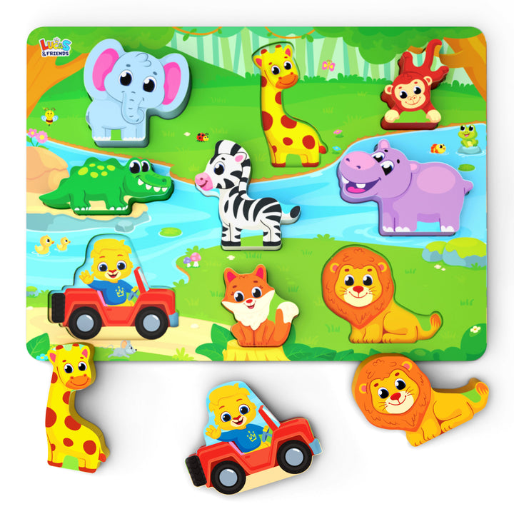 Safari animals chunky wooden puzzle for toddlers, fun learning toy.