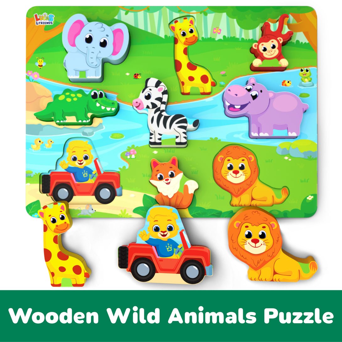 Safari animals chunky wooden puzzle for toddlers, fun learning toy.