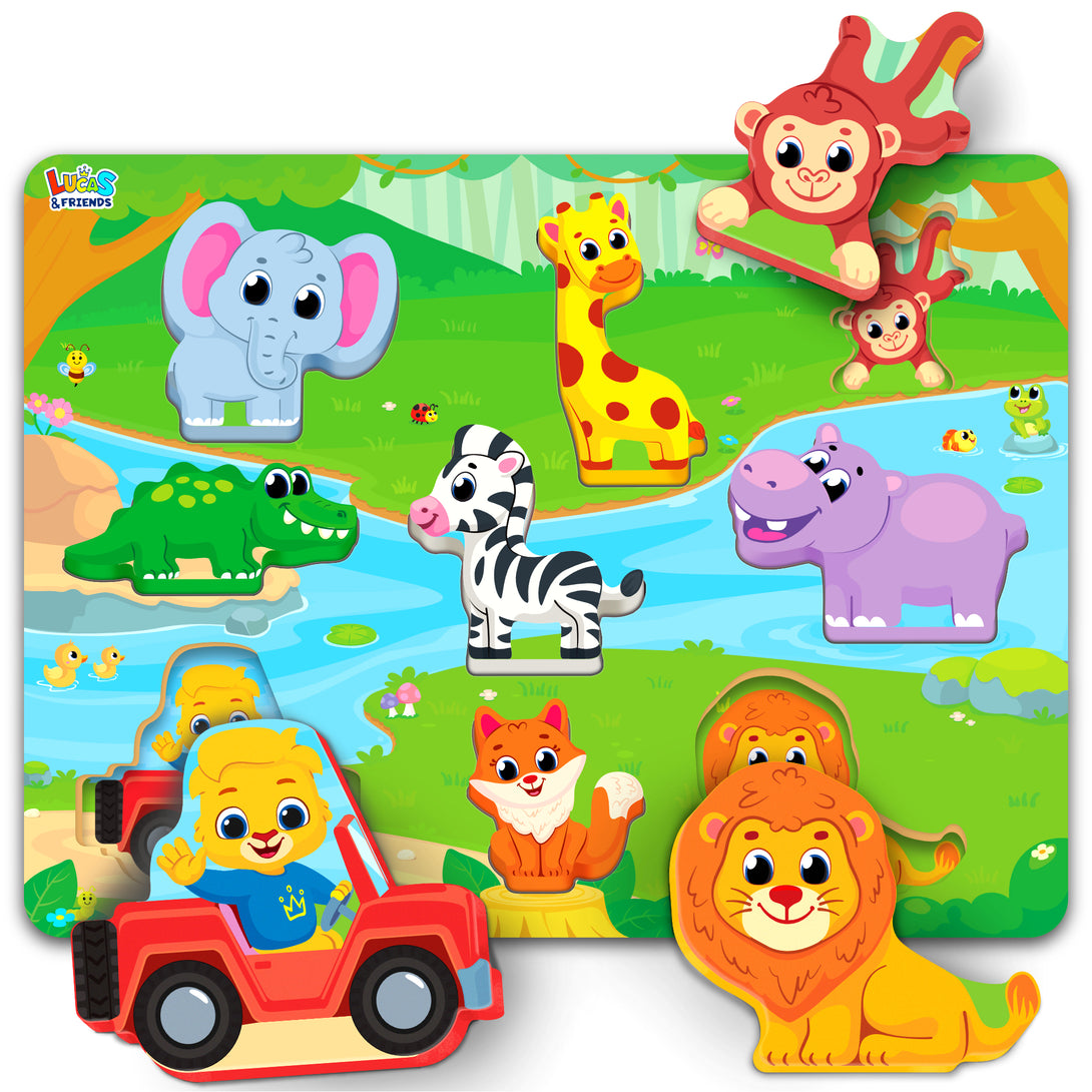 Wild animals chunky puzzles for kids by Lucas & Friends, educational wooden toys.