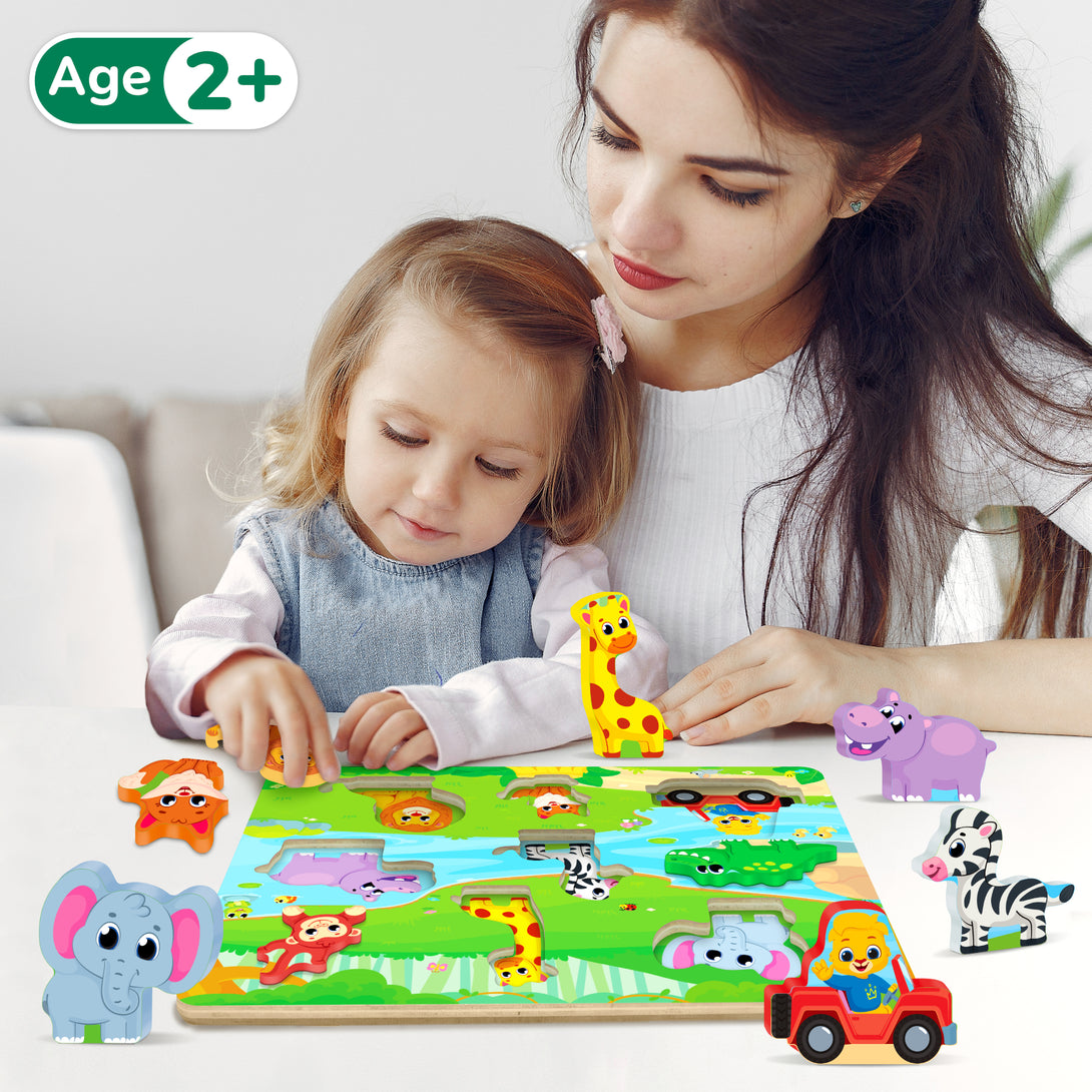 Chunky wooden wild animals puzzle for toddlers, learning and educational toy.