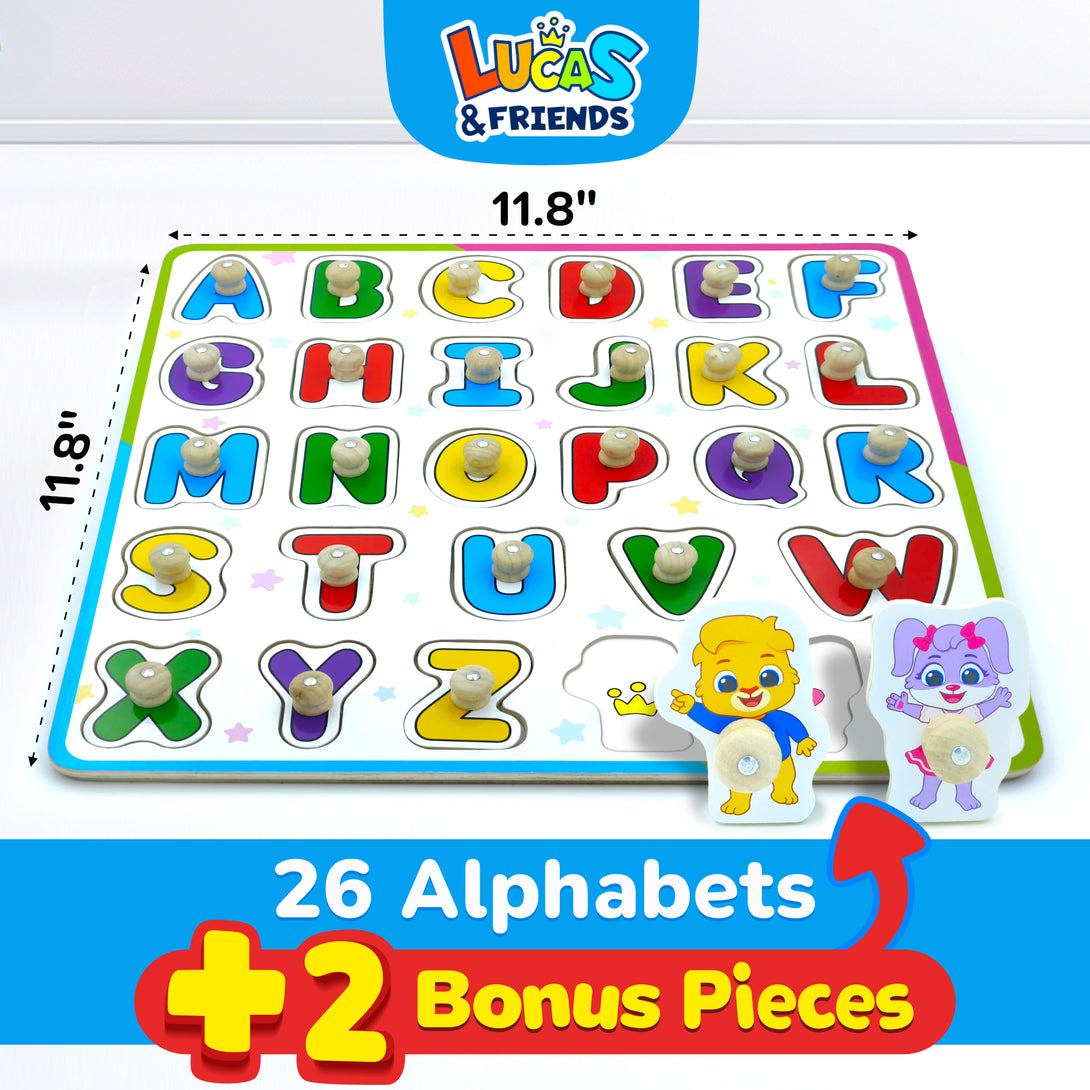 Wooden alphabet puzzle for toddlers by Lucas Friends, learning toy.