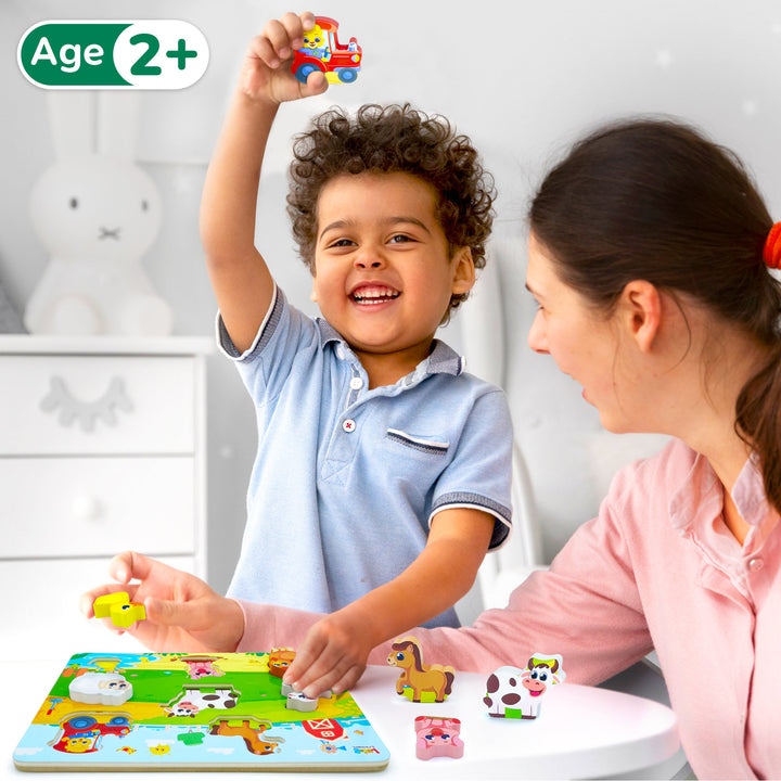 Wooden farm animals puzzle, kids educational toys for learning and development.