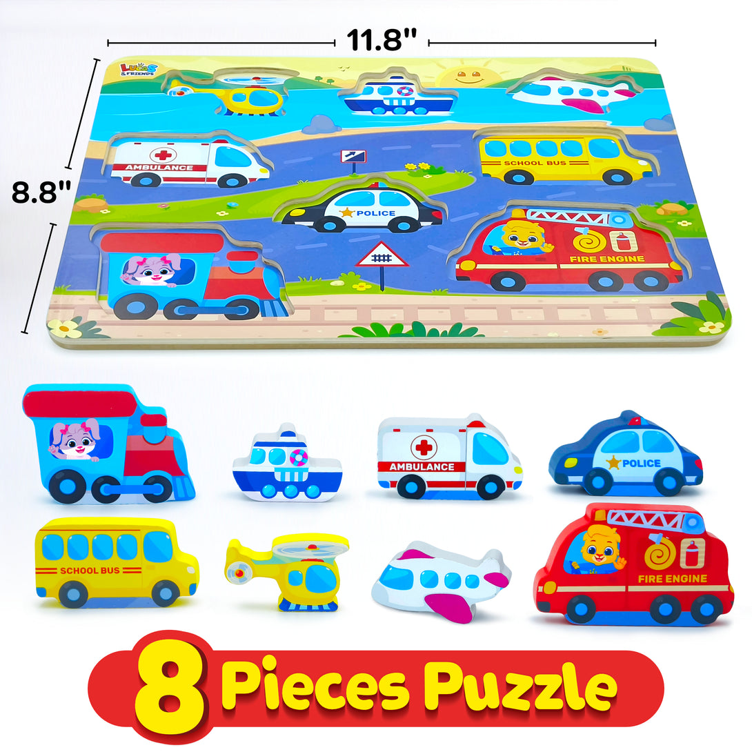 Wooden vehicle puzzles, educational learning toys for children by Lucas & Friends.