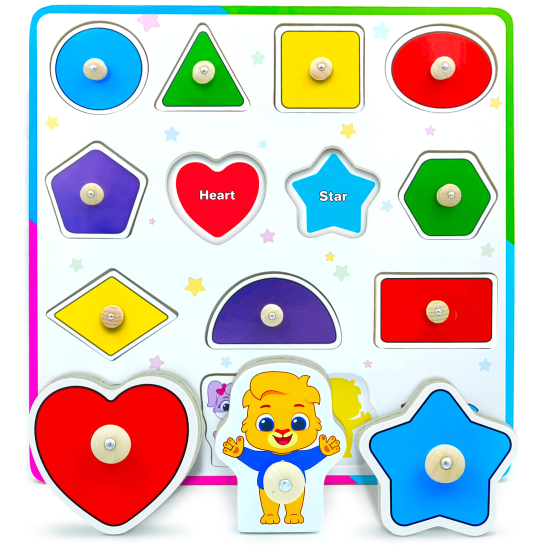 Wooden shapes puzzle for kids, educational toys by Lucas & Friends.