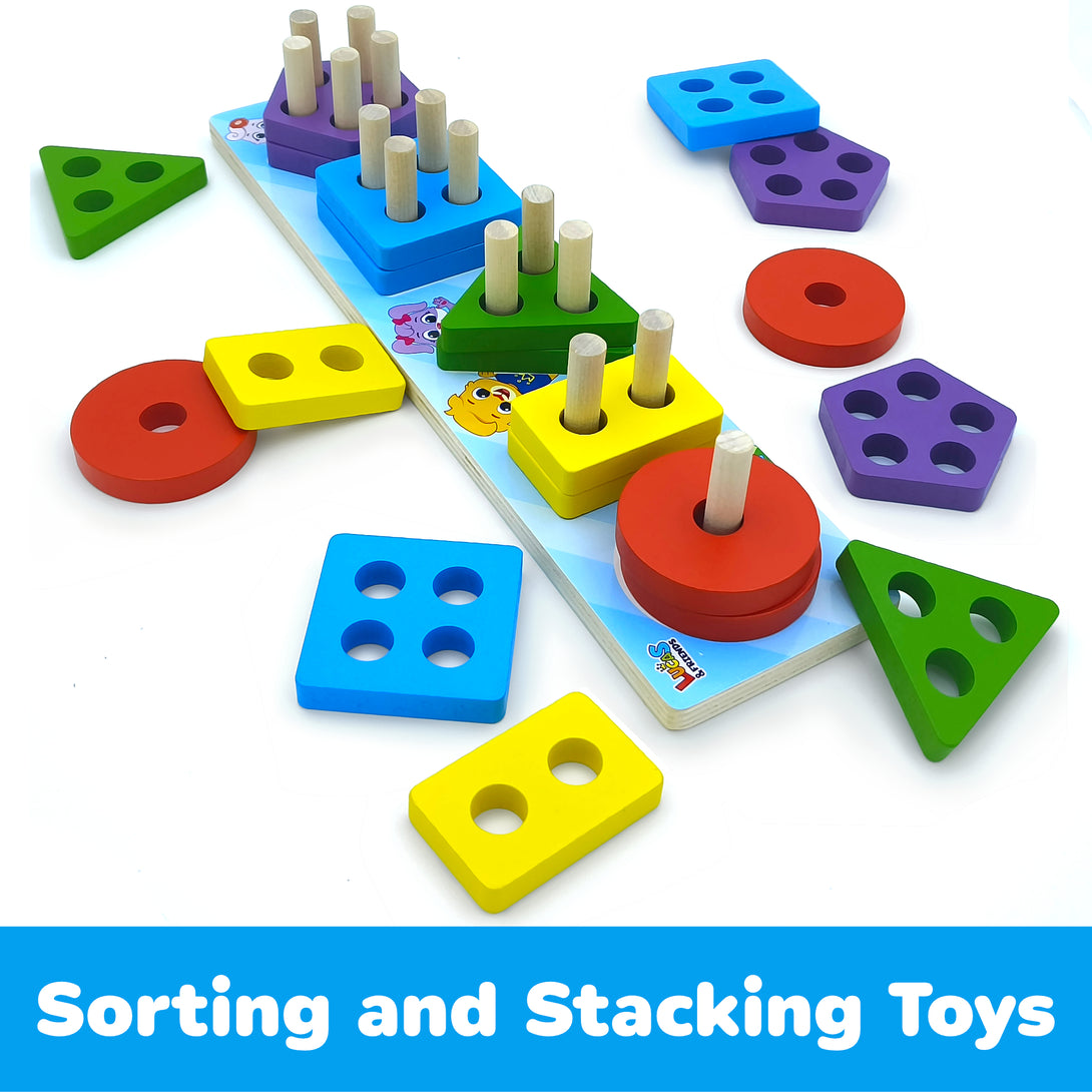 Wooden educational sorting and stacking toy, learn color and shape recognition.